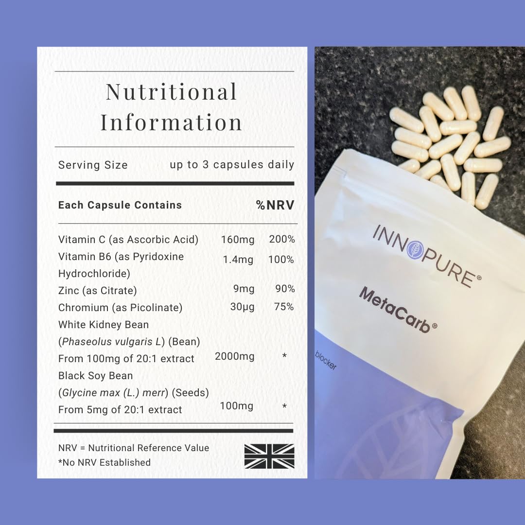 INNOPURE MetaCarb® Metabolic & Blood Sugar Balance Support – with White Kidney Bean, Chromium Picolinate, Zinc, Vitamin C & B6 – UK Made, 90 Vegan Capsules