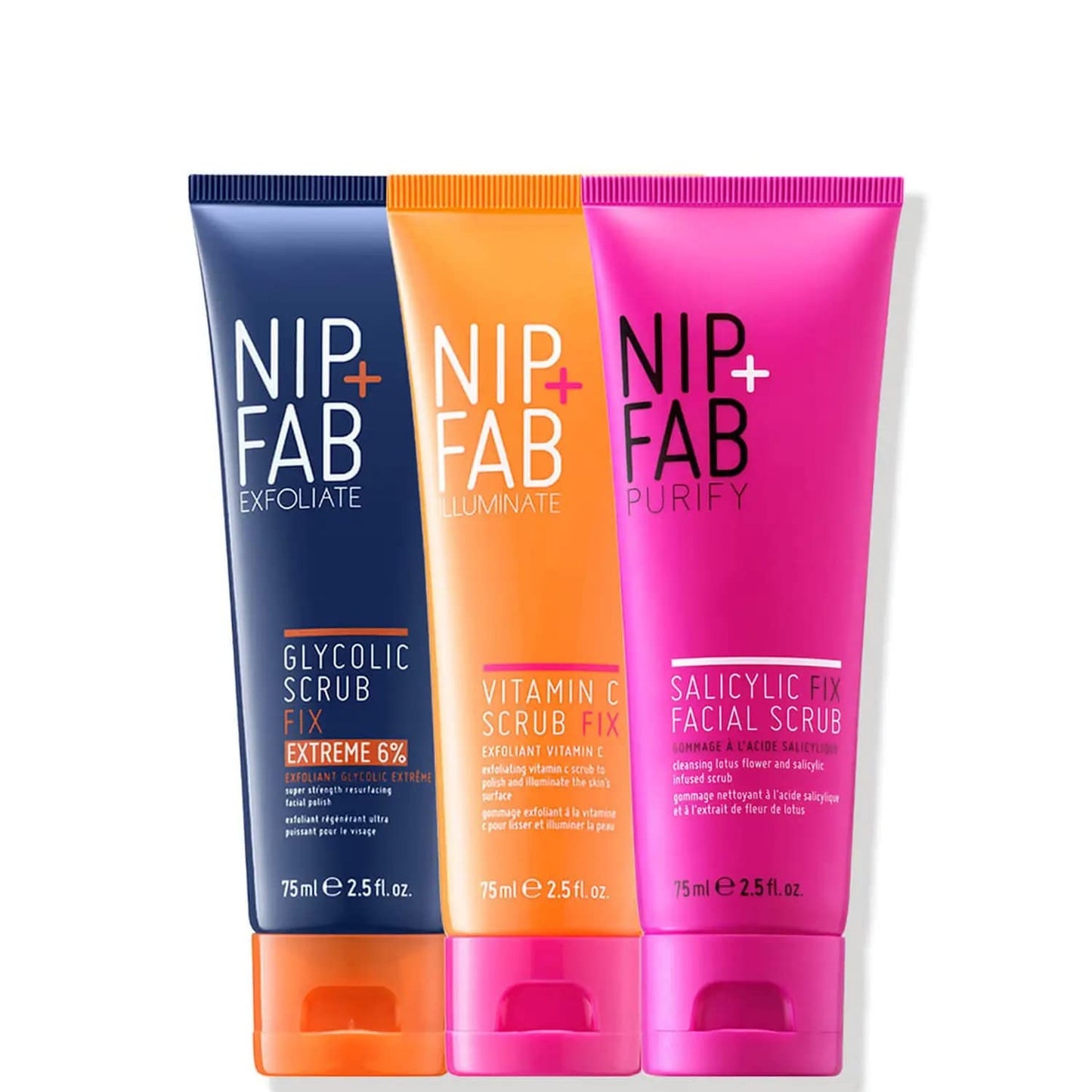 Nip + Fab Scrub Trio Bundle | Three lluminating Face Scrubs Set, AHA BHA Exfoliate | Helps to Cleanse the Skin, Radiant Complexion | VItamin C Scrub, Glycolic Acid Scrub, Salicylic Acid Scrub