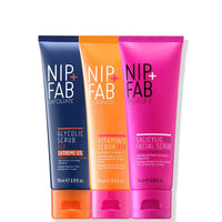 Nip + Fab Scrub Trio Bundle | Three lluminating Face Scrubs Set, AHA BHA Exfoliate | Helps to Cleanse the Skin, Radiant Complexion | VItamin C Scrub, Glycolic Acid Scrub, Salicylic Acid Scrub