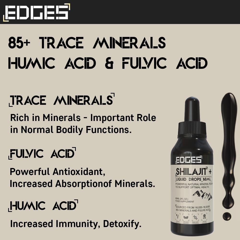Edges Shilajit Liquid Drops, Faster Absorption, High Potency, Fulvic Acid, Humic Acid, 85+ Minerals, 2 Month Supply