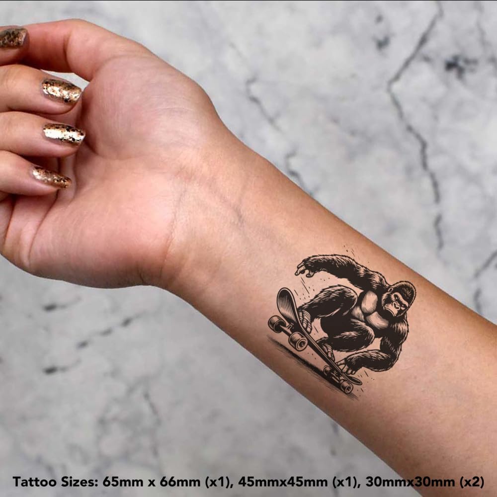 Azeeda 4 x 'Gorilla on a Skateboard' Temporary Tattoos - Water Resistant, Skin-Safe, Non-Toxic Transfers, Mixed Sizes (TO00070600)