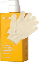 MED Vitamin C + Turmeric Brightening Body Cream – Firming Moisturiser for Uneven Skin Tone, Age Spots & Sun Damage | Shea Butter & Aloe Vera | Vegan | Eco Exfoliating Gloves & Prosperina Card