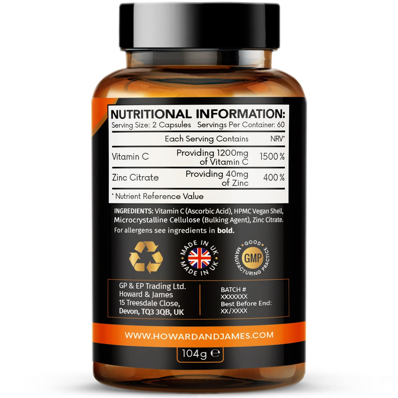 Vitamin C 1200mg and Zinc 40mg per Daily Serving - 120 High Strength Vegan Capsules with Ascorbic Acid - 2 Month Supply - Made in The UK by Howard & James