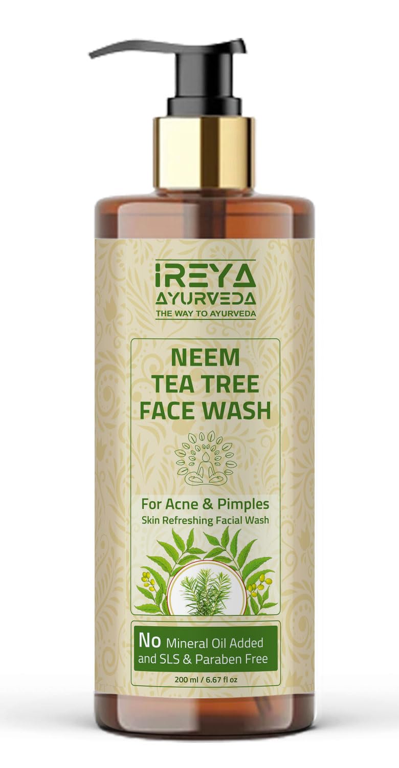 Ireya Ayurveda Neem Tea Tree Face Wash - 200ml for Soft & Smooth Skin Made with Neem Extract & Tea Tree oil with Turmeric Extract, Pure, Vegan, Natural, Cruelty Free