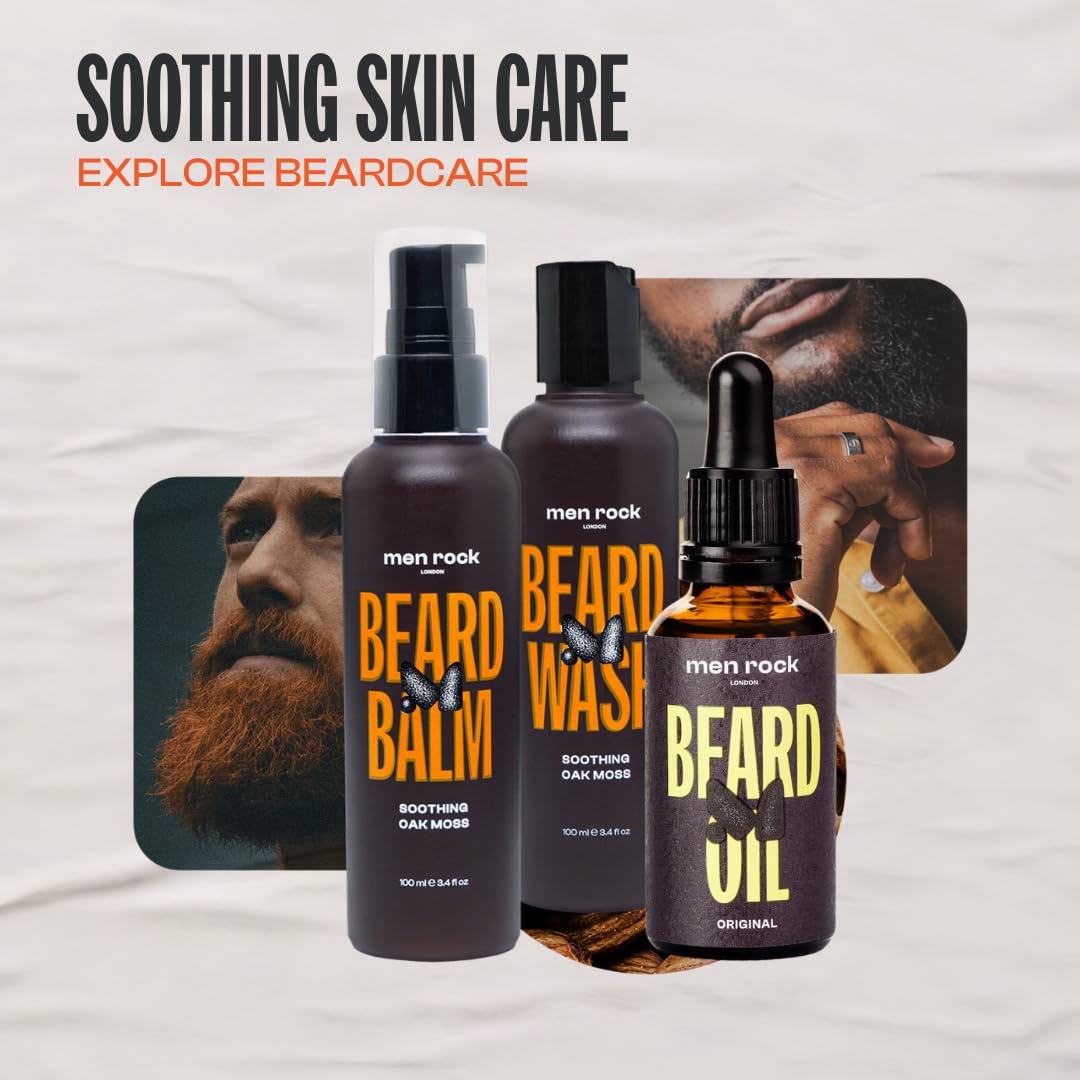Men Rock Beard Kit with Beard Shampoo, Beard Balm & Beard Oil – Beard Grooming Kit for Men – Luxury Beard Growth Kit & Beard Care Kit for Men – Oak Moss Beard Moisturiser & Beard Softener Gift Set