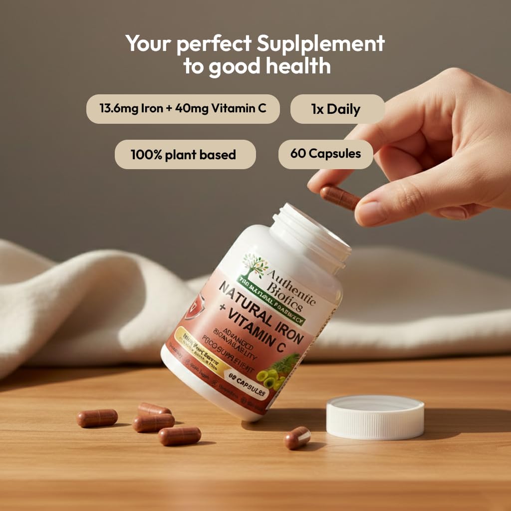Authentic Biotics Iron & Vitamin C Supplement | 60 Vegan Capsules | Plant-Based Iron from Curry Leaves & Vitamin C from Amla | Supports Energy, Immunity & Reduces Tiredness | 2 Month Supply