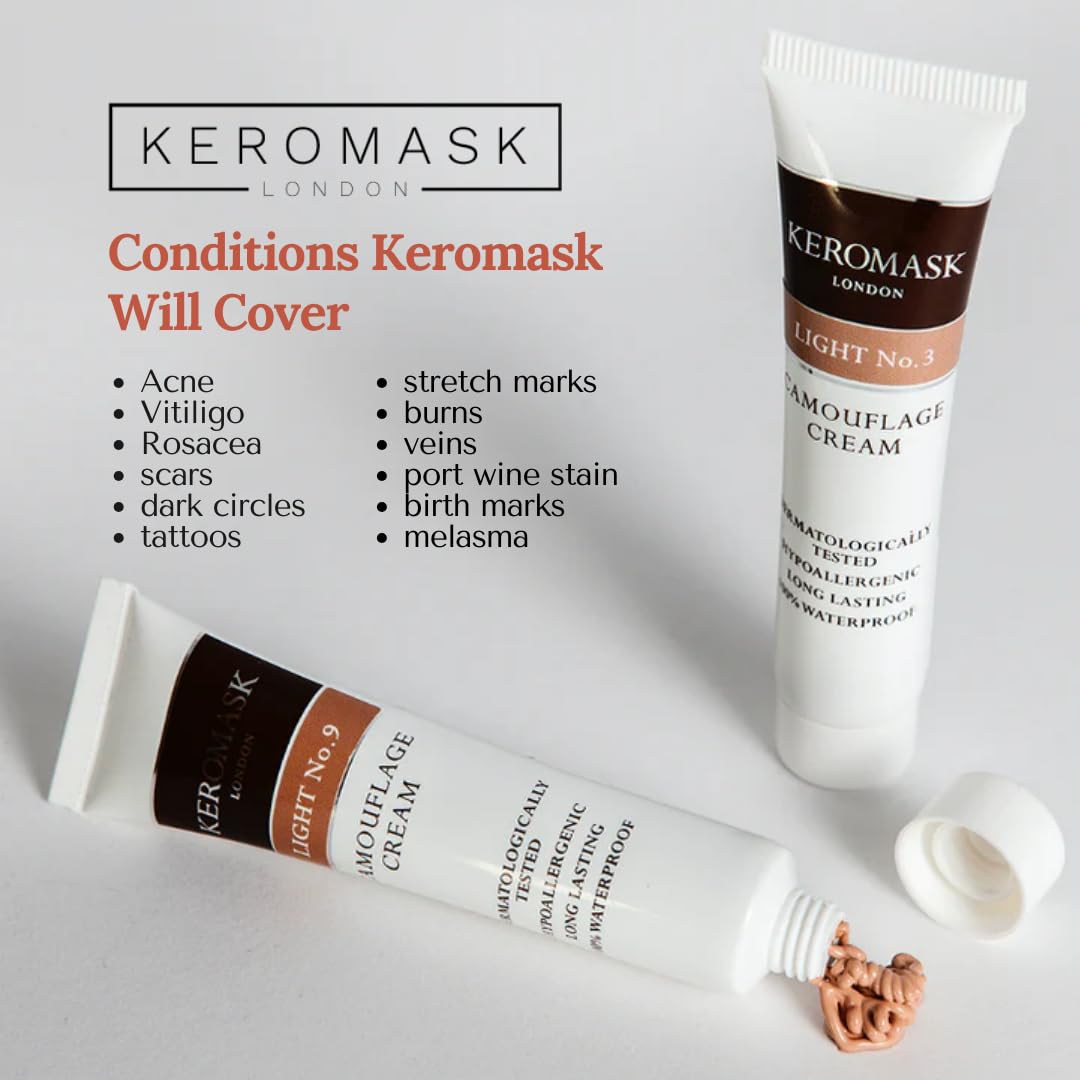 Keromask Full Coverage Hypoallergenic Concealer Shade LIGHT No 9 to Camouflage Vitiligo, Tattoos, Redness and Rosacea, Waterproof and Suitable for All Skin Types 1 x 15ml