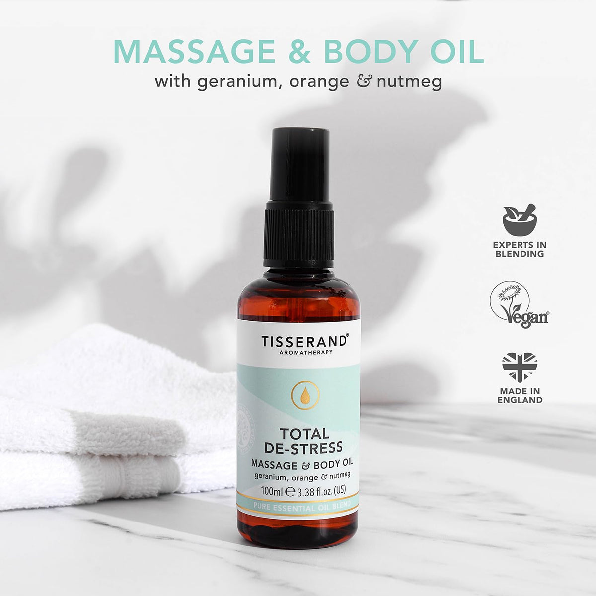 Tisserand - Total De-Stress - Massage & Body Oil - Orange, Geranium, Nutmeg Essential Oil - 100% Natural Pure Essential Oils - 100ml