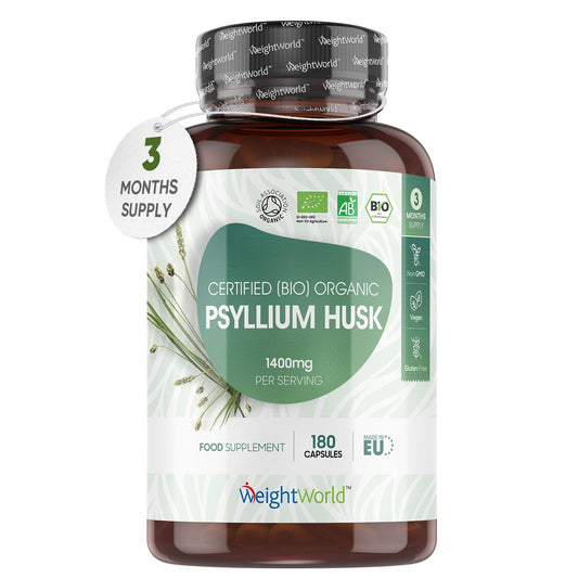 WeightWorld Organic Psyllium Husk Capsules - 2100mg in 3 Powder Capsules- High Strength Prebiotic Fiber Supplement- 180 Powder Capsules- High in Soluble Fibre Helps You Feel Fuller & Stay Regular