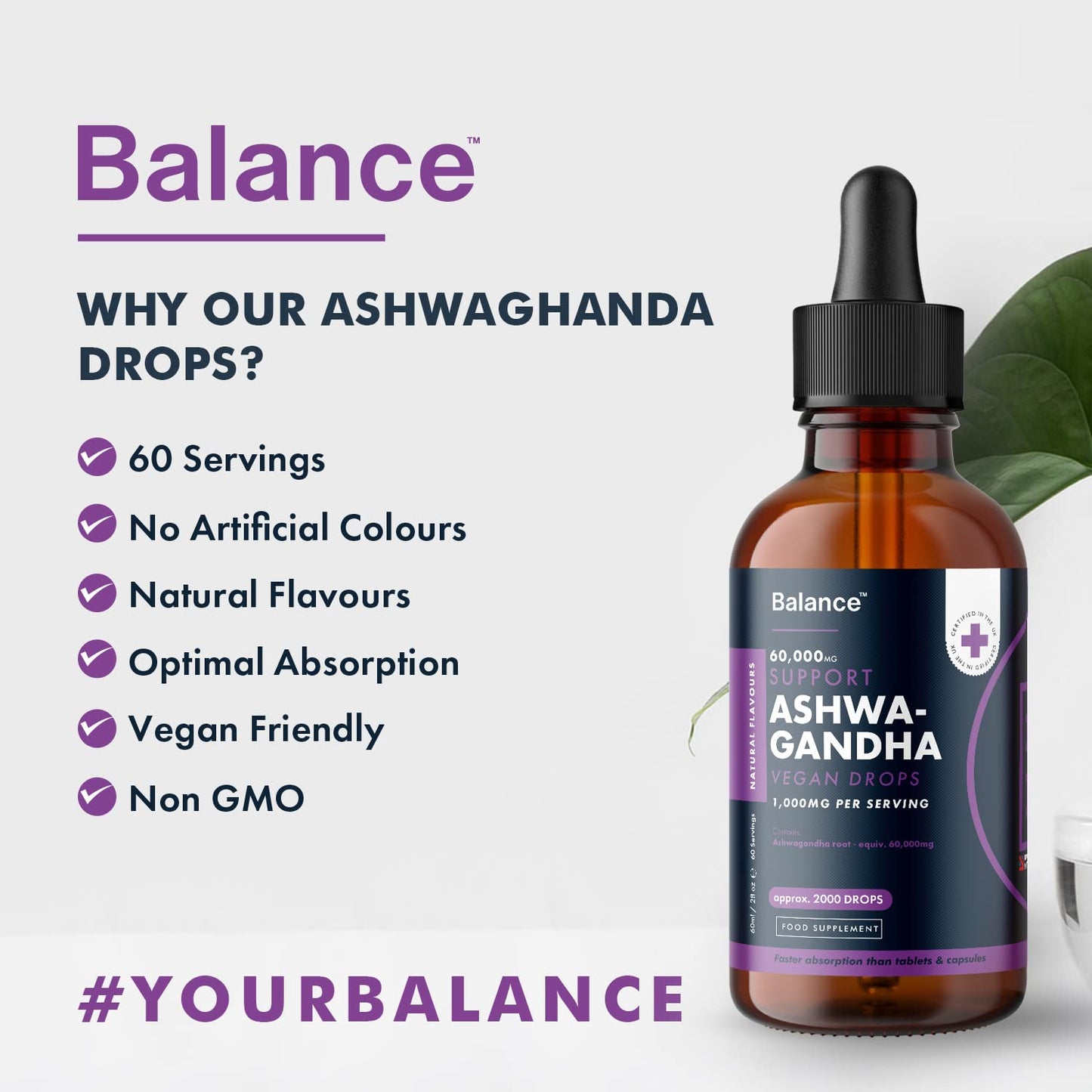 Ashwagandha Supplement Liquid Drops - High Strength of 60,000mg per 60ml Bottle at 4X Concentration - Vegan - 2 Month Supply of Premium Ashwagandha Extract - 60 Servings - Made in UK by Balance