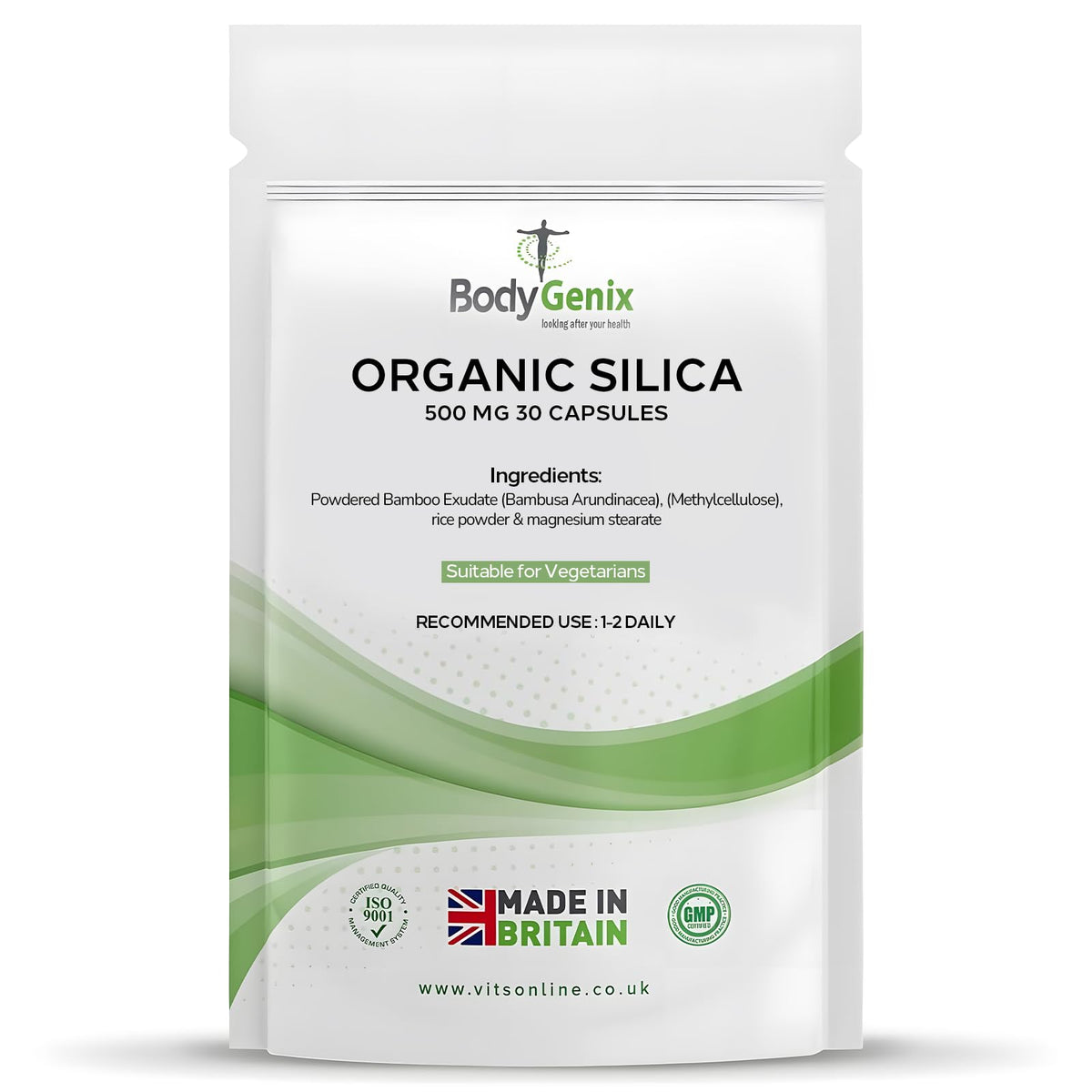 Bodygenix Organic Silica Capsules - 500mg Bamboo Extract Hormonal Balance Healthy Bones & Hair Natural Food Supplement - 30 Capsules 1 Month Supply