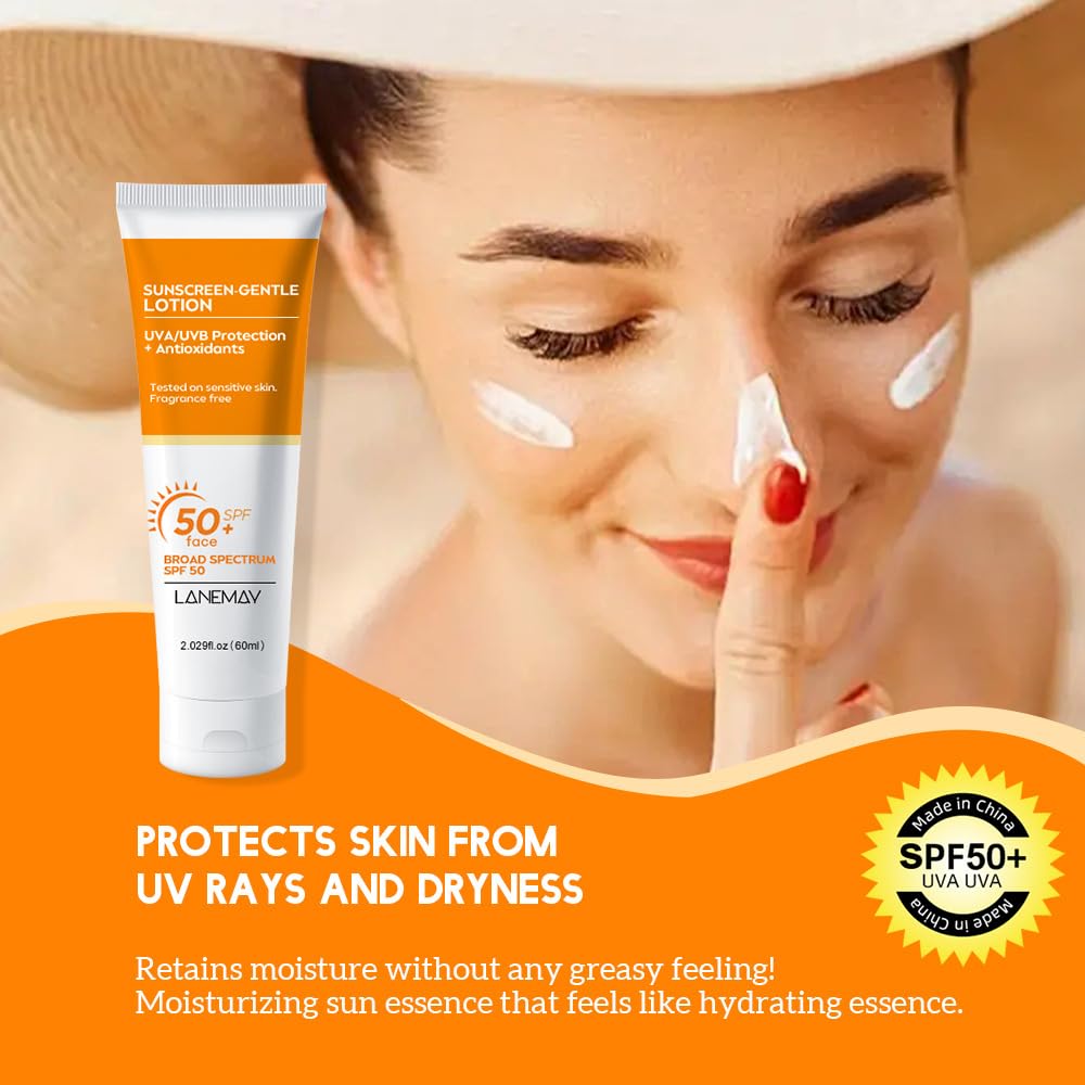 Sunscreen SPF 50+ Lightweight & Hydrating, Sun Cream Water-Resistant, SPF 50 Face Moisturiser Long-lasting Effect, Suncream Factor 50 Gentle Lotion No White Cast for All Skin Types