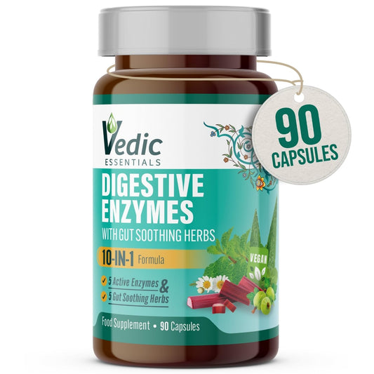 Vedic Digestive Enzymes with Gut Calming Herbs | 5 Enzymes + 5 Herbs- Protease, Amylase, Lipase, Peppermint, Aloe, Rhubarb & More | Gut Health, Digestion Aid, Bloating, Intolerances | UK Made, Vegan