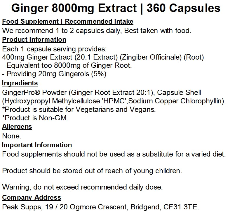 Peak Supps Ginger Root 8000mg Extract Capsules - 20mg Gingerols | Vegan Friendly (360 Capsules)