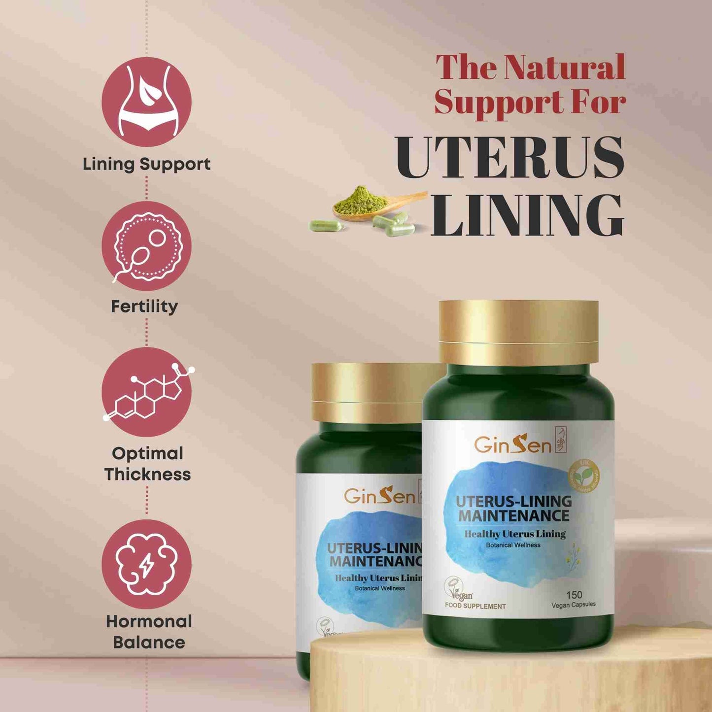 GinSen Uterus-Lining Maintenance,Support Optimal Uterus Thickness, Reproductive Function, 150 Capsules, Vegan Approved Supplement, Herbal Extract & Vitamins Made in UK