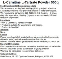 Peak Supps L-Carnitine L-Tartrate Powder 500g | Pure