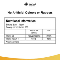 NEW LEAF PRODUCTS Vitamin D3 K2 - Vitamin D3 4000iu & Vitamin K2 100ug (MK7) 4 Months Supply, Supports Immunity, Calcium Absorption and Bone Health, Non-GMO, UK Made by New Leaf 120 Micro Small Vegetarian Tablets,