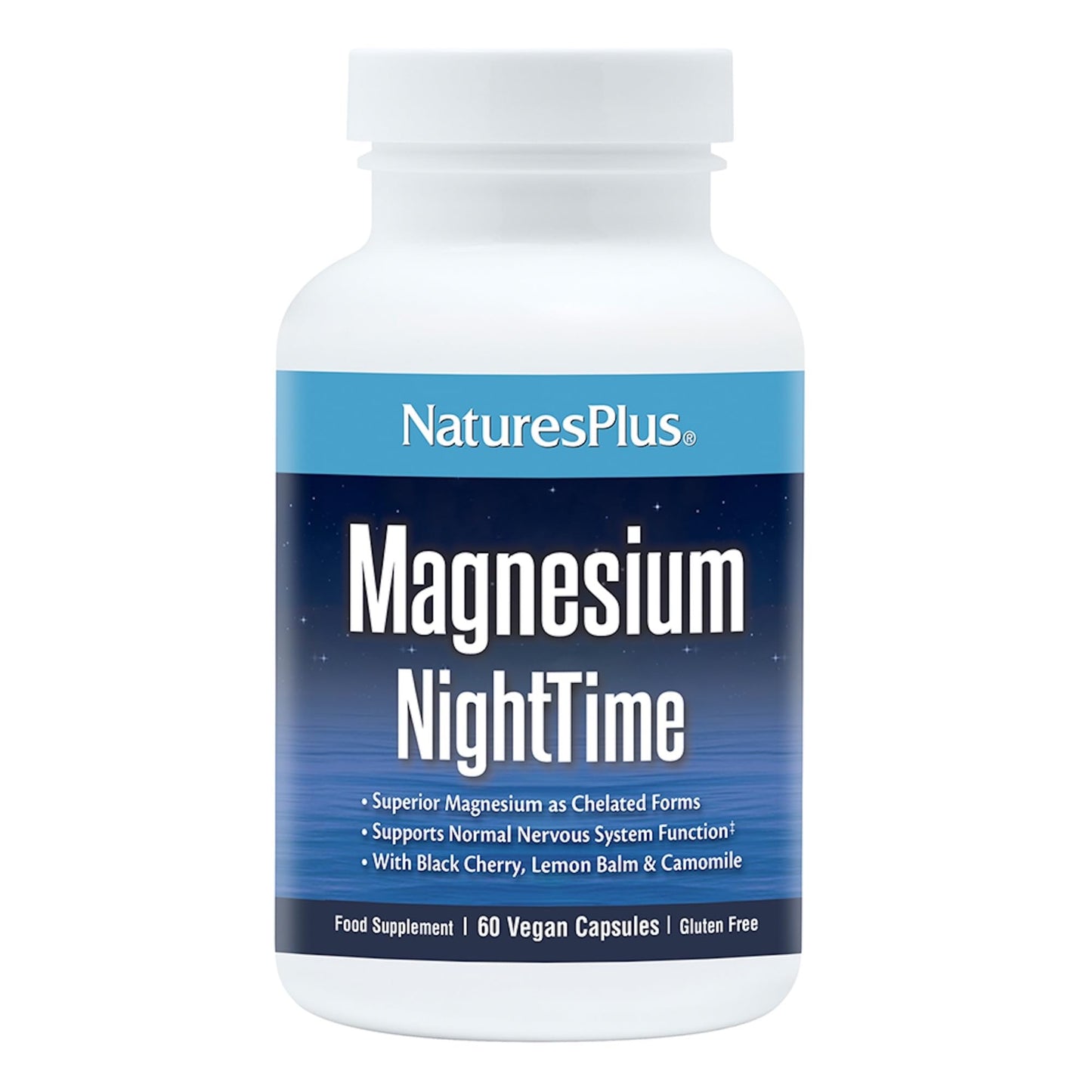 Nature's Plus NaturesPlus Magnesium Night Time - Magnesium Glycinate and Taurate Supplement with L-Theanine, Ashwagandha, Lemon Balm, B6, Hops - Vegan, Gluten Free - 60 Capsules