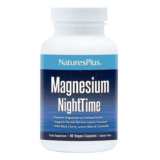 Nature's Plus NaturesPlus Magnesium Night Time - Magnesium Glycinate and Taurate Supplement with L-Theanine, Ashwagandha, Lemon Balm, B6, Hops - Vegan, Gluten Free - 60 Capsules