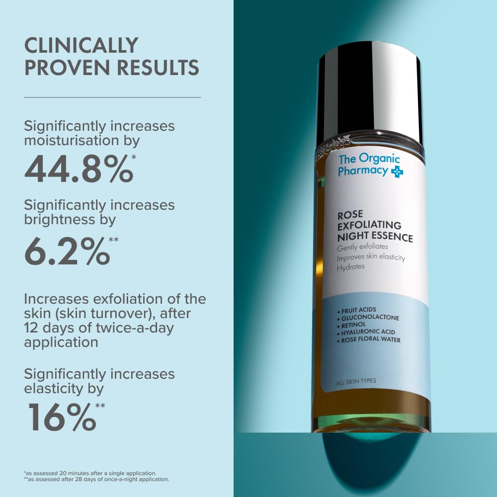 The Organic Pharmacy Rose Exfoliating Night Essence, 150ml - Gently exfoliate, Improve skin elasticity & Hydrate, With Fruit Acids, Gluconolactone, Retinol, H.A, Organic 91%