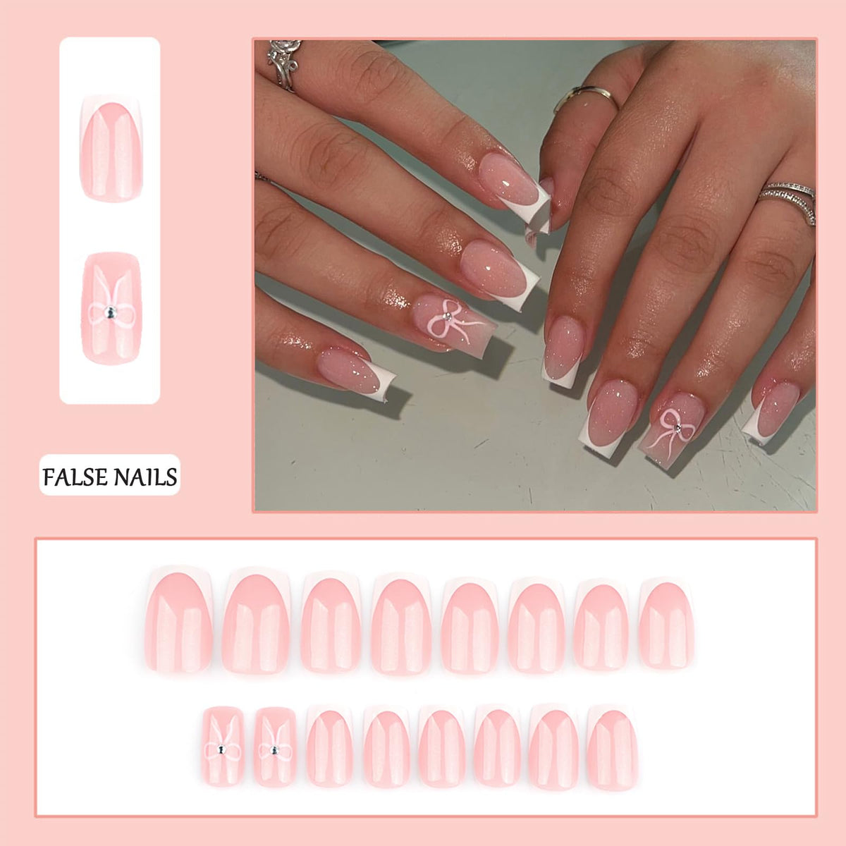 EONFAVE French Tip Nails - 24pcs Medium Square False Nail Tips - 12 Sizes Pink French Fake Nails with Glue - Glossy Full Cover Stick on Nail with Bow Patterns for Women Girls
