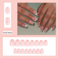 EONFAVE French Tip Nails - 24pcs Medium Square False Nail Tips - 12 Sizes Pink French Fake Nails with Glue - Glossy Full Cover Stick on Nail with Bow Patterns for Women Girls