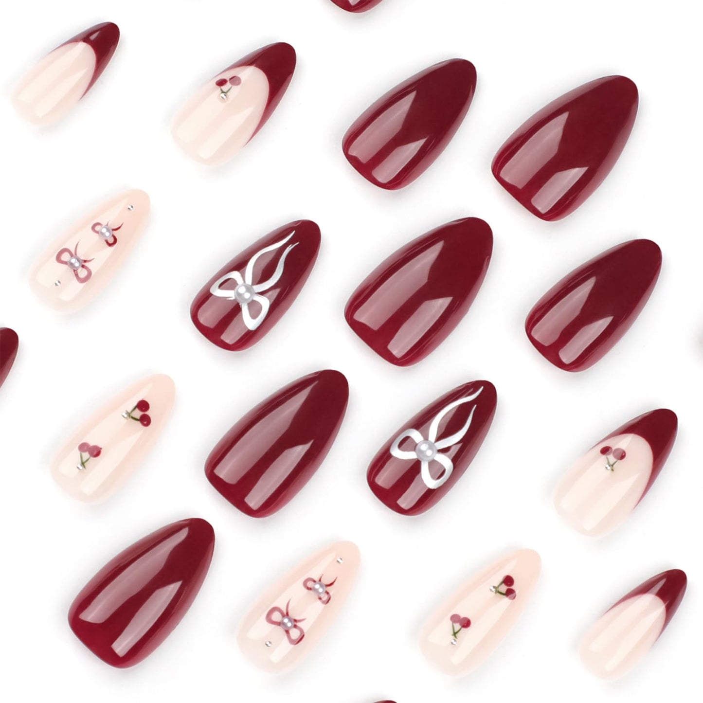 Ceboic 24Pcs French Tip False Nails Almond, Medium Glossy Fake Nails Cherry Red Press on Nails with Bow Design, Removable Full Cover Acrylic Stick on Nail for Women Girls Nail Art Accessories