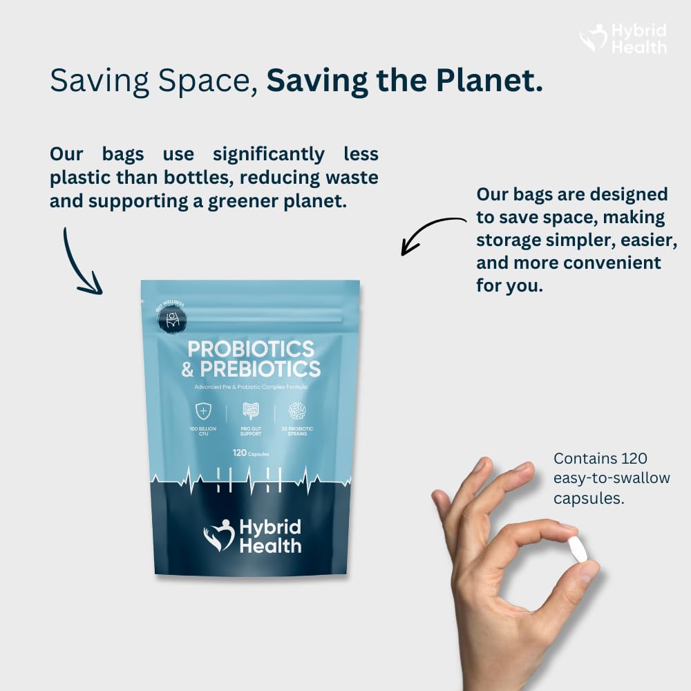 Hybrid Health Probiotics & Prebiotics Complex | 120 Vegan Capsules | 100 Billion CFU | Advanced Strength Probiotics with 20 Diverse Strains | Pre & Probiotics for Women and Men