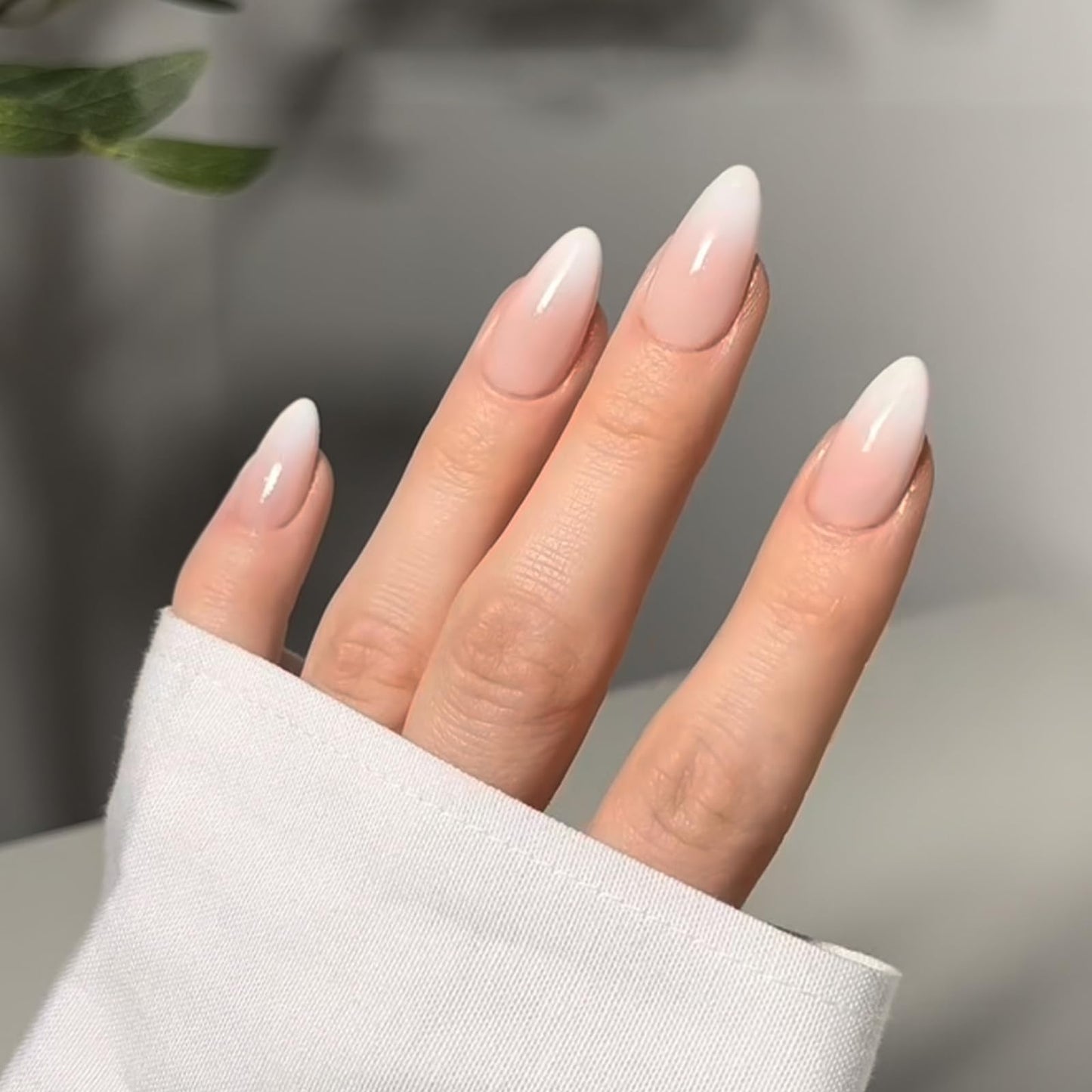 HERBINSOLS Gradient White Pink Ombre False Nails - 24Pcs Press on Nails Medium Almond - Full Cover French Almond Fake Nails with Glue - Glossy Acrylic Stick on Nail for Women Girls Nail Art DIY