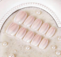 MouyouGlow Short False Nails, Square Pink Gradient White Chrome Glazed Donut Hailey Bieber Press on Nails with Glue, Natural Pink Ombre White Solid Fake Nails