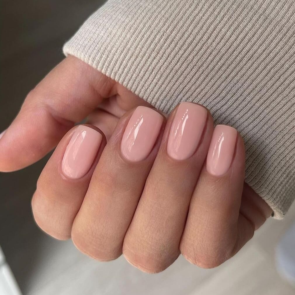 SXVME Nude Pink False Nails Medium Short Square, Press on Nails Medium Glossy Gel Fake Nails Solid Color Reusable Acrylic Nails for Women Daily Wear, in 30 Pcs