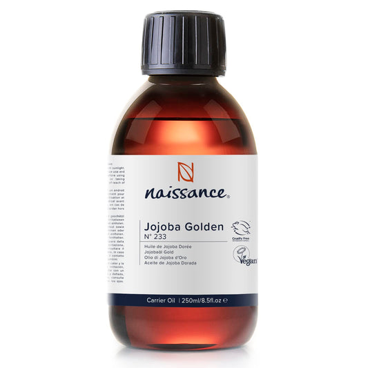 Naissance Golden Jojoba Oil (No. 233) - 250ml - Pure Cold Pressed Unrefined - Natural Moisturiser for Skin, Face, Beard, Nails, Hair, Body, Scalp - Massage, Aromatherapy, DIY Beauty, Candles, Vegan