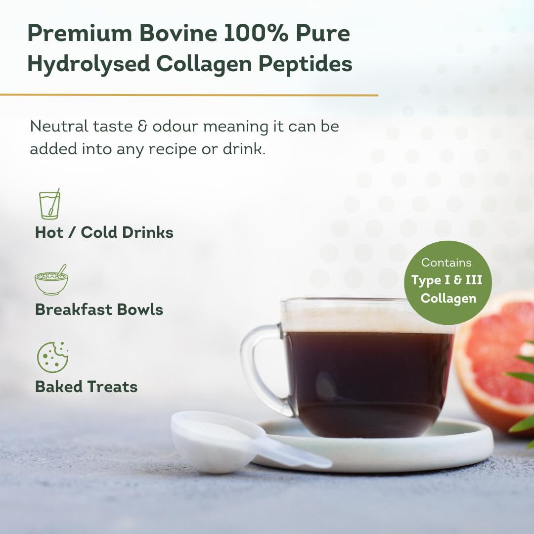 Collagen Powder Bovine Peptides, Type I & III, 100% Pure Hydrolysed Gold Standard, with 18 Amino Acids, Collagen Supplement by General Healthcare - 20g / 20,000mg Collagen (Unflavoured)(300g)
