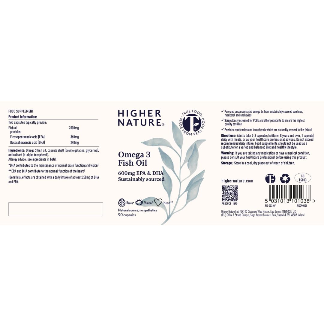 HIGHER NATURE Omega 3 1000mg Fish Oil Capsules - True Food® Formula - Eye Health & Brain - 180mg EPA - 120mg DHA - by Higher Nature - 90 Capsules