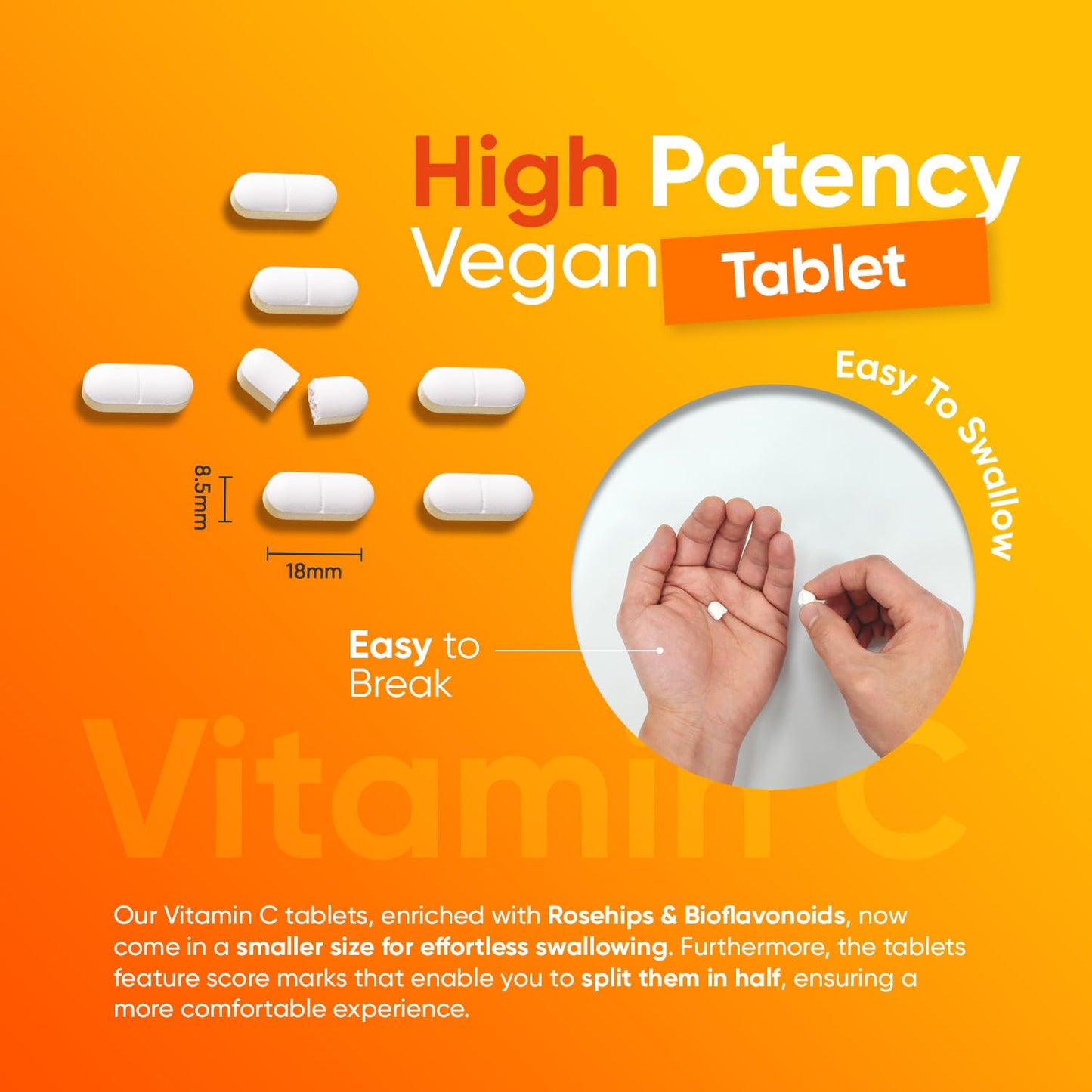 Vitamin C 1000mg – 180 High Strength Vitamin C Tablets with Rosehip & Bioflavonoids - Vegan Vitamin C Supplement (As Ascorbic Acid) for Immune System – Energy Tablets for Men & Women - Made in The UK