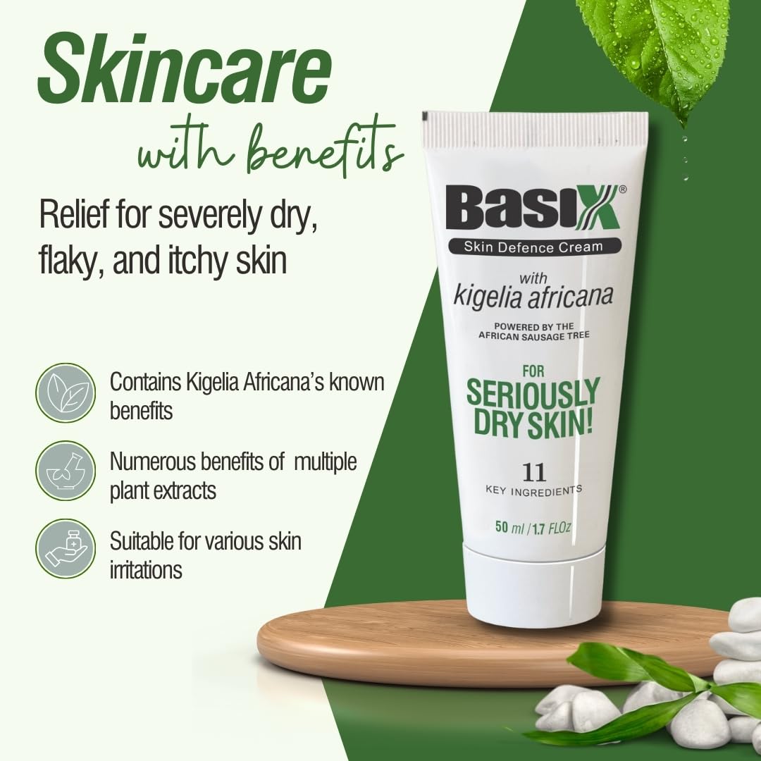 Basix Skin Defence Cream for Seriously Dry Skin with Kigelia Africana - 11 Natural Ingredients Repairs Eczema and Psoriasis Prone Skin - 50ml