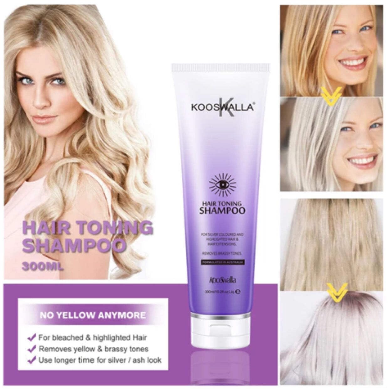 Kooswalla Silver Toner Shampoo, for Blonde Hair- Coloured Hair, Highlighted, Silver, Bleached and Hair Extensions - Eliminates Yellow Tones, 300ML - Anti Brassy - Keratin Home Treatment.