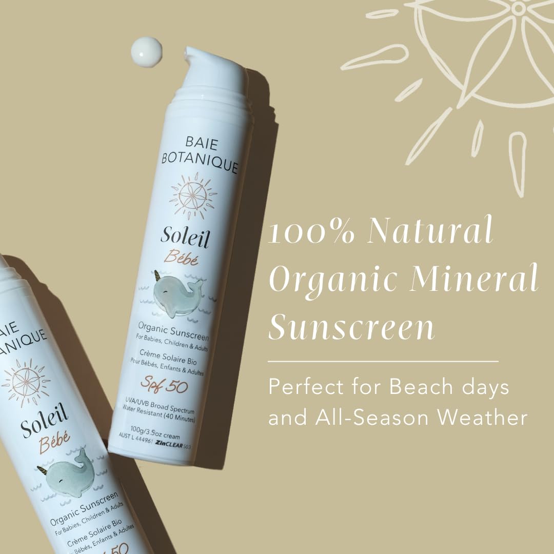 NEW – Baie Botanique Soleil Bébé – Organic Mineral Baby & Children Sunscreen SPF 50 – Non-Nano Zinc Oxide – Sunflower & Jojoba – Unscented – Vegan – Reef Safe – Broad Spectrum UVA/UVB- 100g