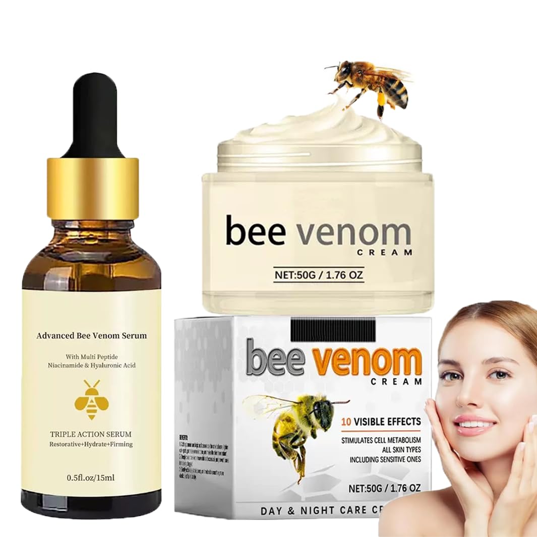 PLVNNZ Bee Venom Cream,2Pcs Bee Venom Serum & Anti-Wrinkle Face Cream Set, Niacinamide & Multi-Peptide Skincare Kit for Deep Hydration, Firming, Dark Spot Correction – Day & Night Moisturizer for