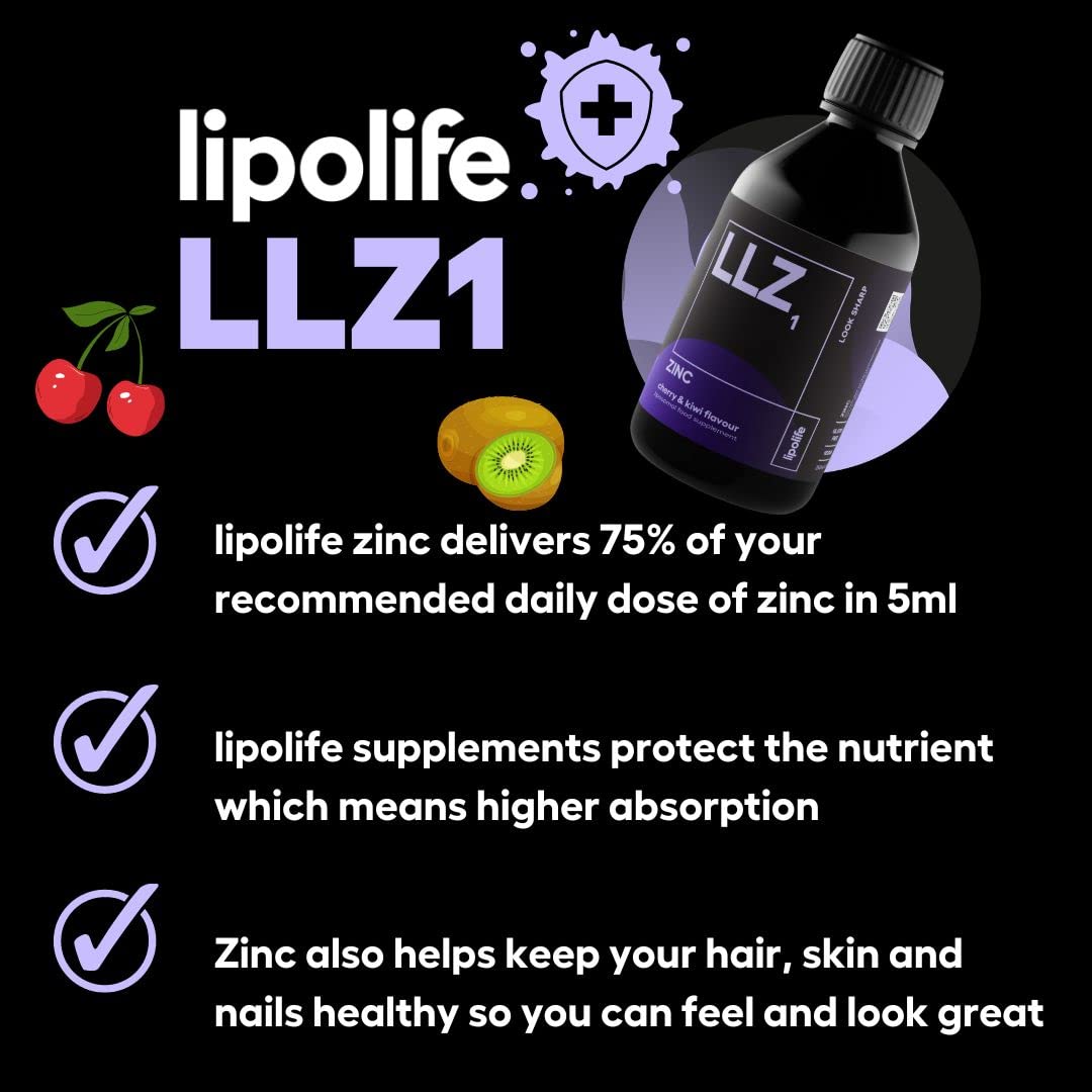 Lipolife lipolife liposomal liquid Zinc supplement for optimal immune support LLZ1. Delicious cherry and kiwi flavour, vegan, gluten free, sugar free. 48 servings.
