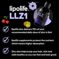 Lipolife lipolife liposomal liquid Zinc supplement for optimal immune support LLZ1. Delicious cherry and kiwi flavour, vegan, gluten free, sugar free. 48 servings.