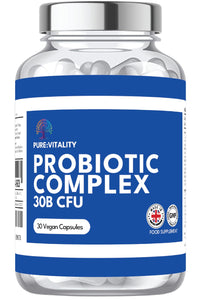 Pure: Vitality Pure:Vitality Probiotics Complex Capsules - 1 Month Supply / 30 Vegan Capsules - 30 Billion CFU - GMP HACCP UK Certified Manufacturer - PRE/PROBIOTICS for Men and Women