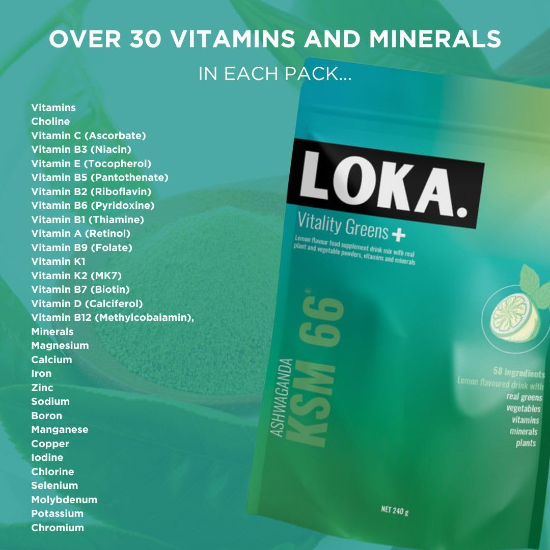 LOKA. LOKA Vitality Greens+| Super Greens Powder | Includes Plants, Ashwagandha, Reishi Mushroom, Maca Root, Vitamins/Minerals, Vegan & Gluten Free. 240g, 30 Servings
