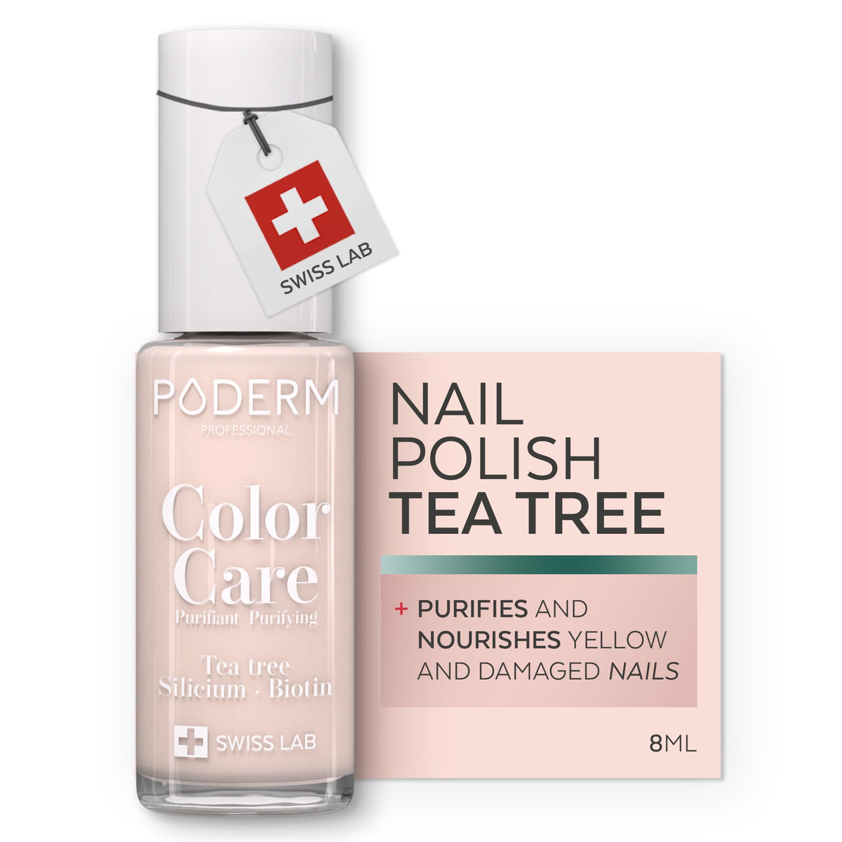 PODERM Nail Care Polish with Tea Tree - Powder Pink | Swiss Lab - 8ML | Enriched with Tea Tree, Silicon & Biotin | Purifies, Clarifies & Nourishes Yellow Nails | Created by a Podiatrist