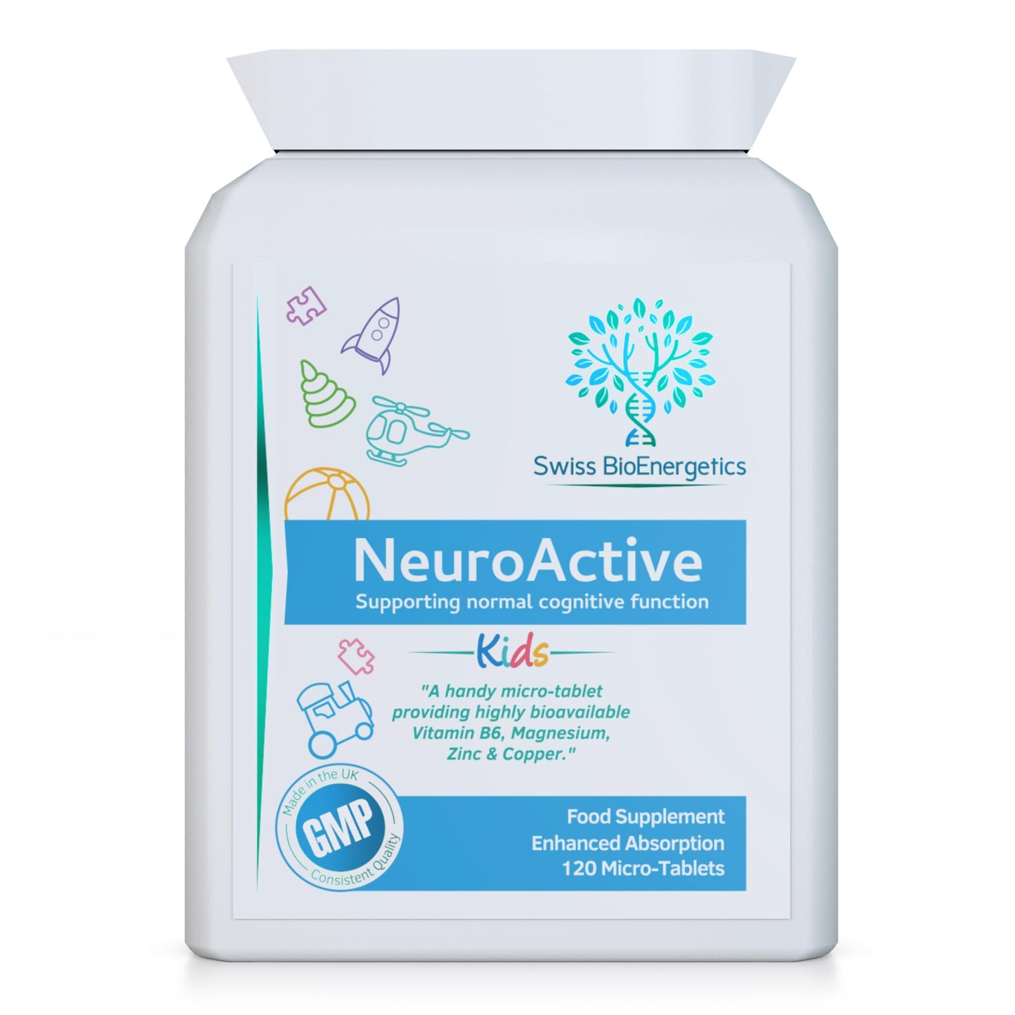 swiss bioenergetics NeuroActive 120 Highly bioavailable Micro-Tablets - Magnesium Citrate, Zinc Picolinate, Copper Glycinate & Vitamin B6 Balanced for Children and Adults - Vegan - UK Made
