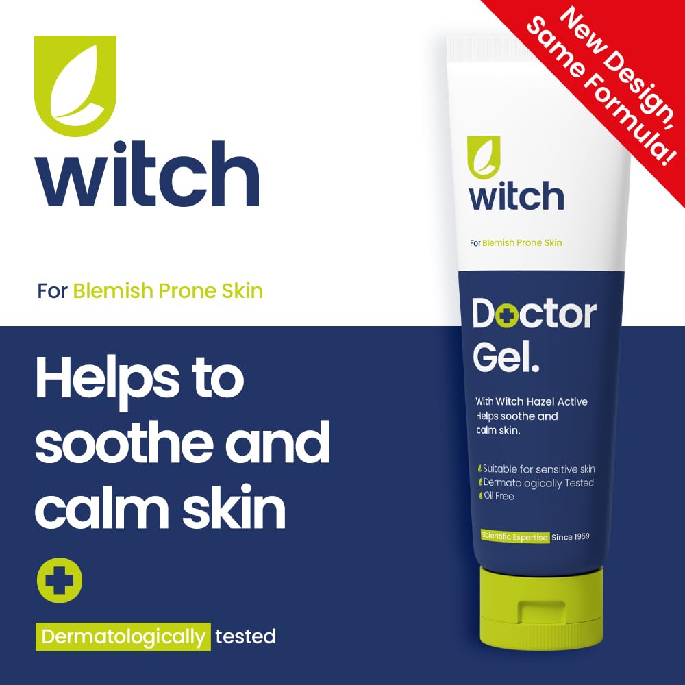 Witch Doctor Gel 35ml with Witch Hazel, helps calm and soothe skin. Packaging may vary