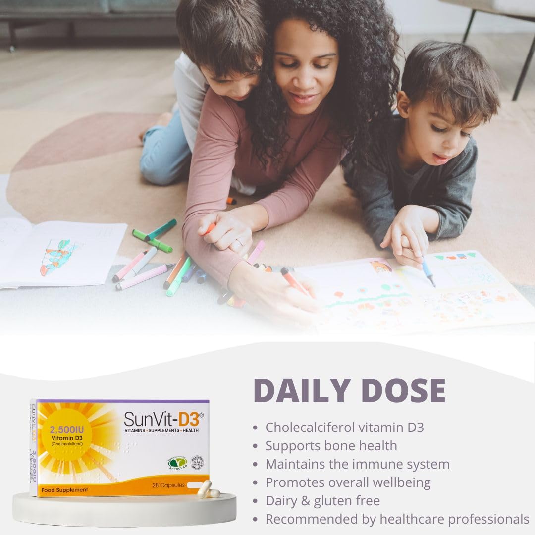 SunVit-D3 High Strength Vitamin D 2500iu Capsules - Cholecalciferol Vitamin D Capsules Support the Maintenance of Bone, Teeth, Muscle & Immune System | UK Made & GMP Approved - D3 Vitamins 28 Capsules