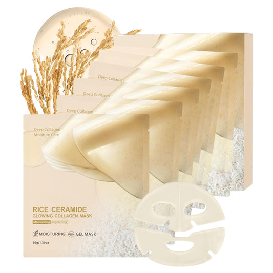 6Pcs Rice Glow Collagen Mask, Rice Ceramide Collagen Face Mask, Bio Overnight Face Mask for Glass Skin, Brightening Night Wrapping Gel, Tightening, Shrink Pores, Soothe, Repair, Korean Skincare