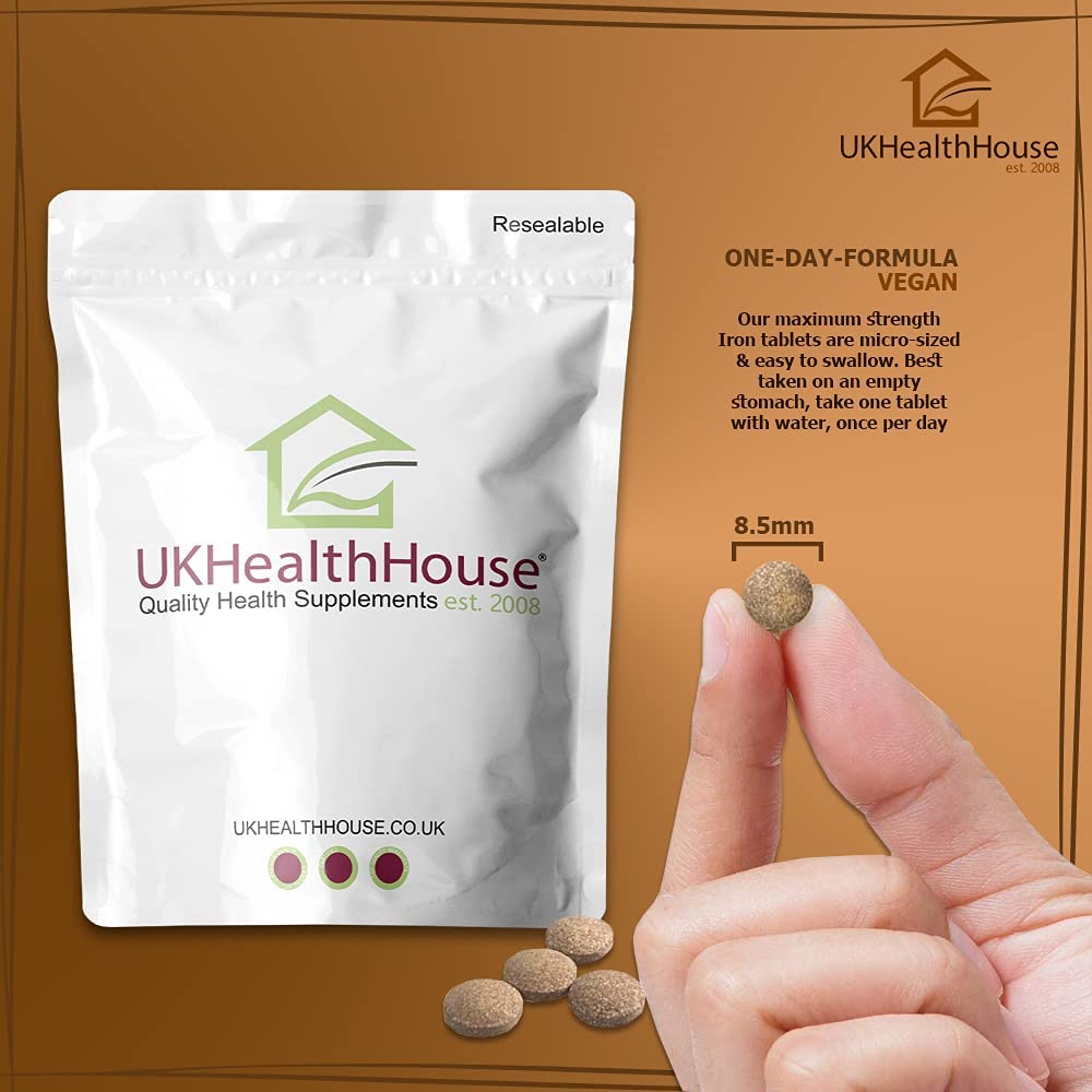 UKHealthHouse Ferrous Fumarate Iron Tablets 14mg Blood Cells Energy Anaemia Tiredness Pregnancy High Strength General Health & Well Being Supplement Vegan (120)