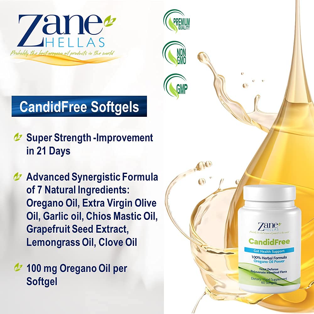 Zane HELLAS Probably the best oregano oil products in the world Zane Hellas Candidfree Softgels. Oregano Oil Power. Candida Support. Gut Health Support.Colon Health Support. Intestinal Flora Support.100% Herbal Solution.60 Softgels.